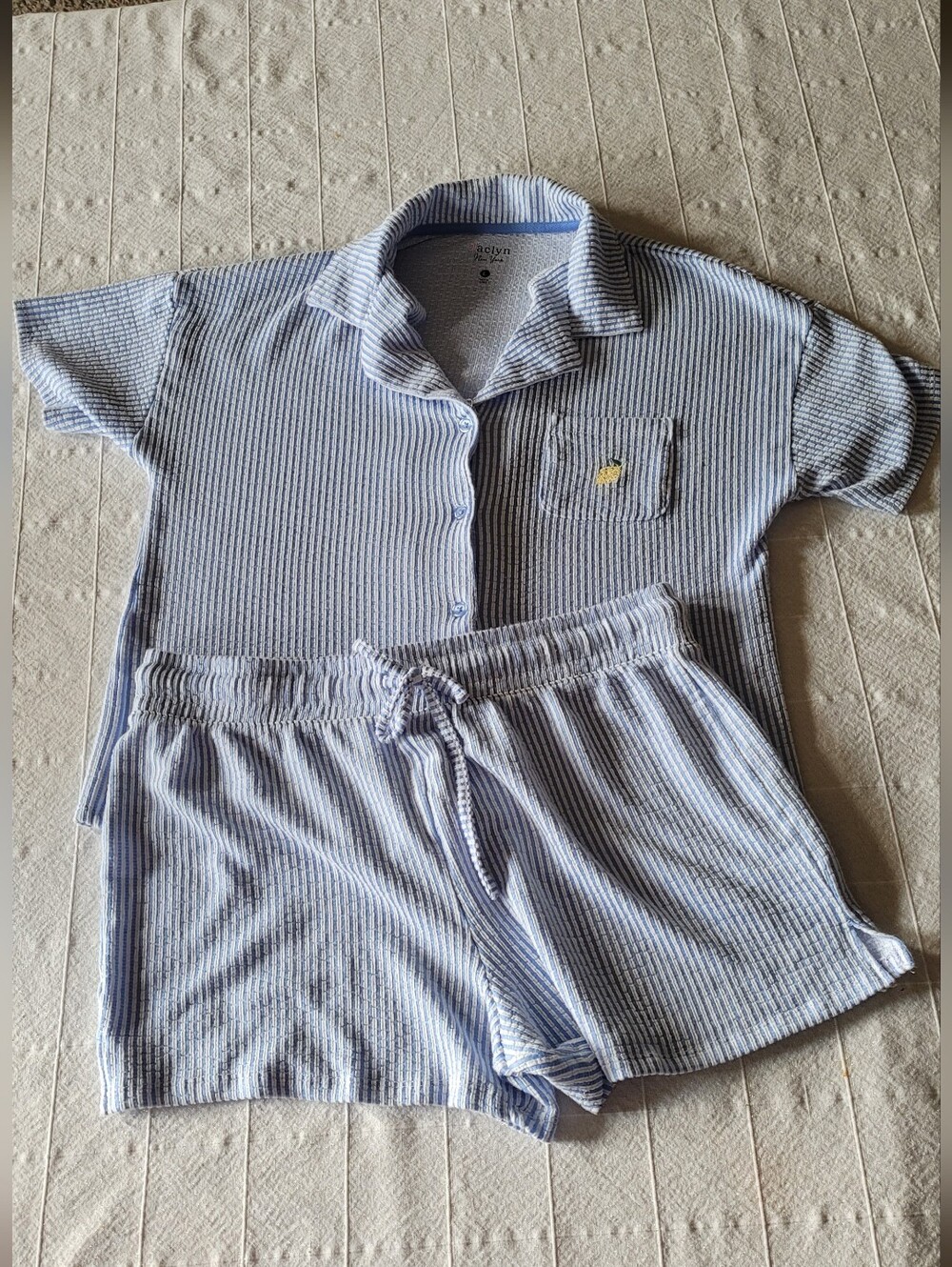 Light Blue Striped Womens Pajama Set - Short Sleeve Top & Shorts